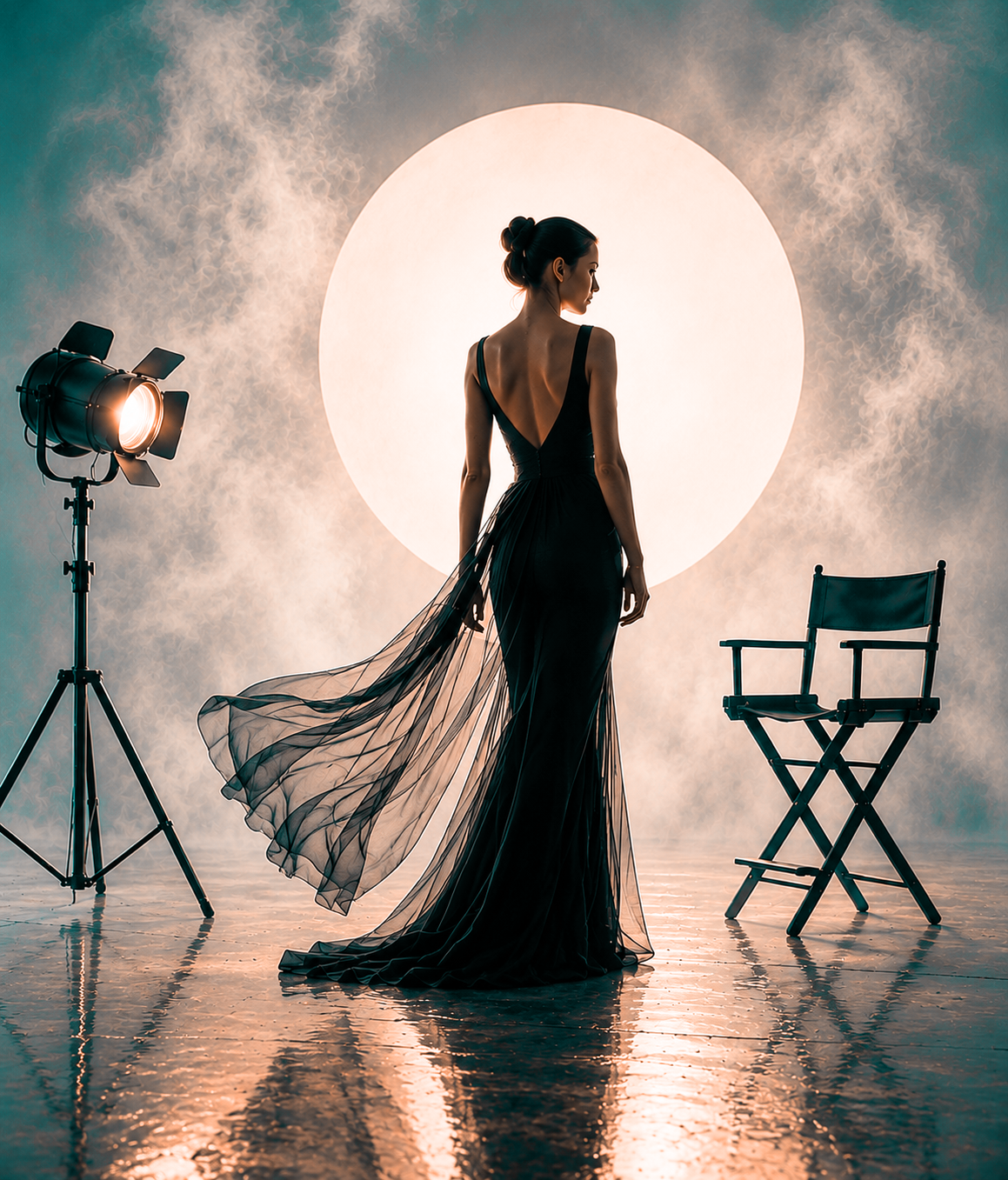 Set fotografico professionale: modella in abito elegante sotto i riflettori